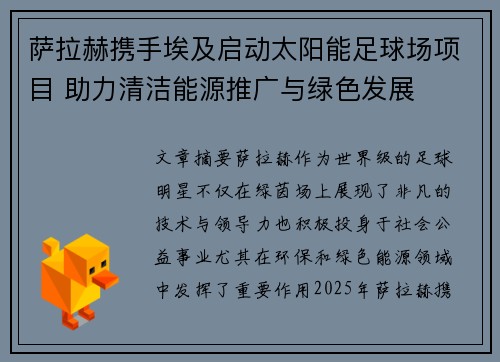 萨拉赫携手埃及启动太阳能足球场项目 助力清洁能源推广与绿色发展