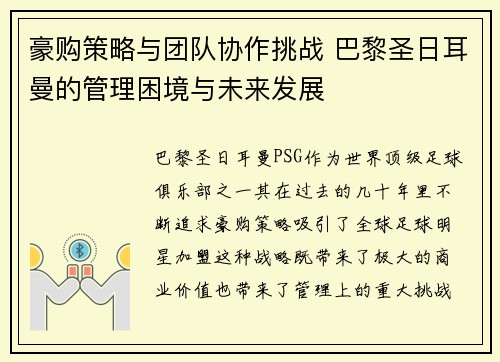 豪购策略与团队协作挑战 巴黎圣日耳曼的管理困境与未来发展